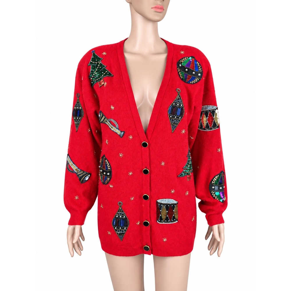Vintage Marisa Christina Christmas Cardigan M Lambswool Angora Beaded Sequin